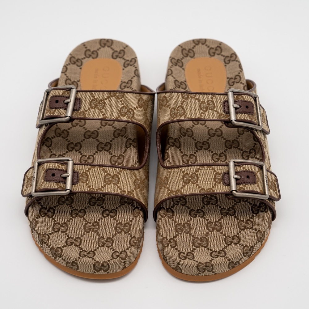size 11G 11.5 US Gucci GG Canvas Slide Sandals Straps Beige Ebony GG Brown - Picture 3 of 12